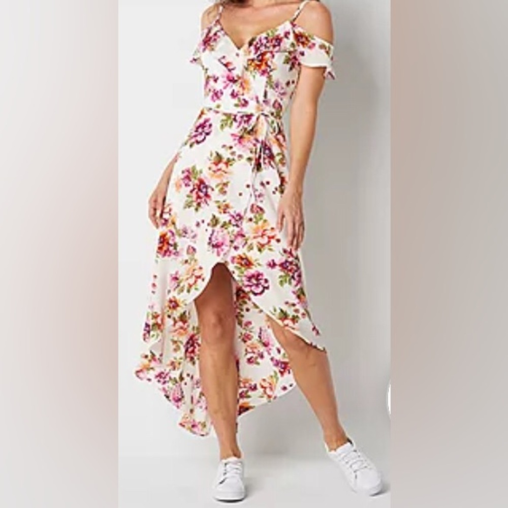 New Look Dress, Floral/Cream Color, Size Medium, Faux Wrap, High-Low Hemline
